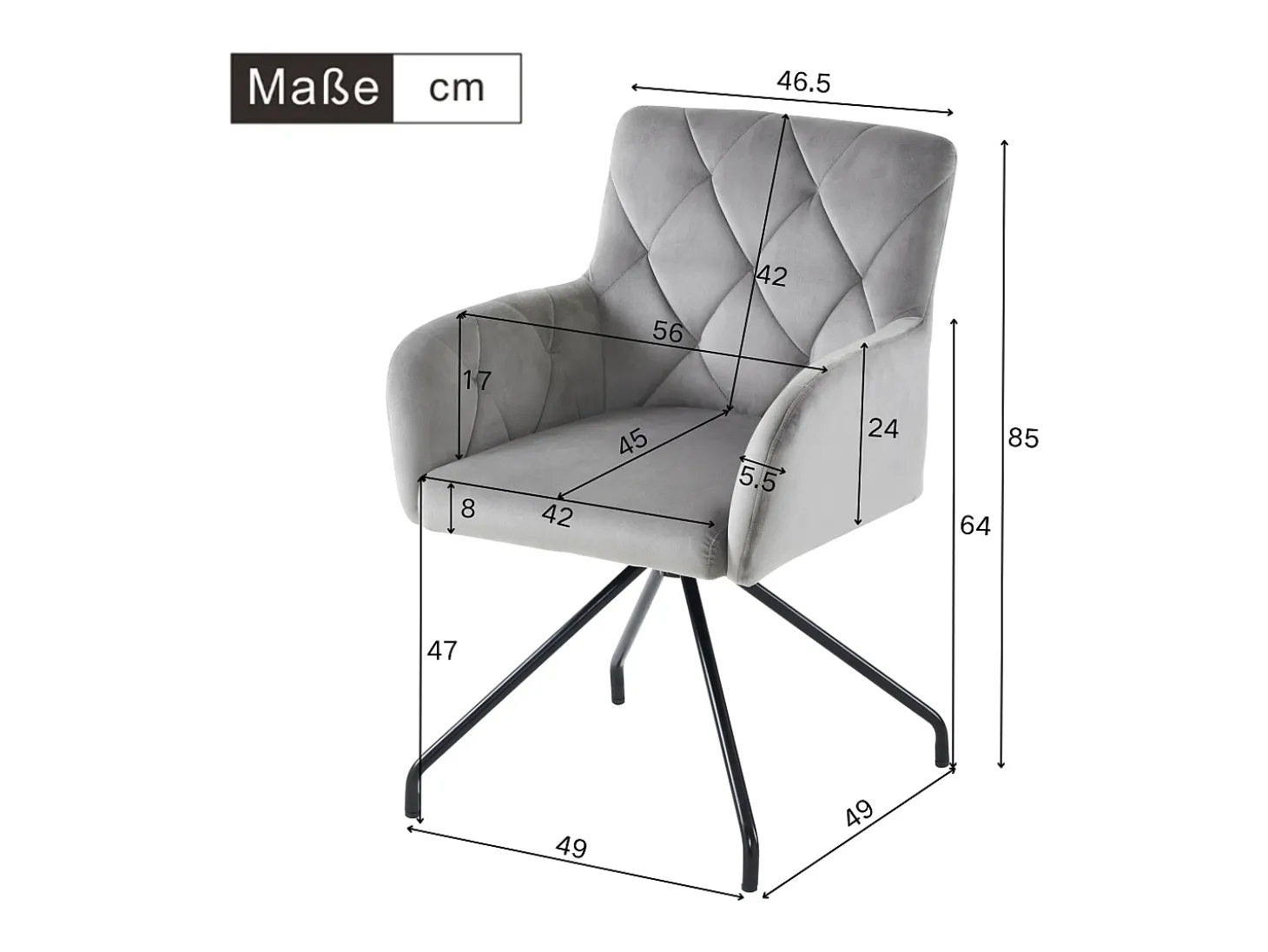 Juego de 4 sillas de comedor de terciopelo gris claro con respaldo de rombos y patas de metal negro