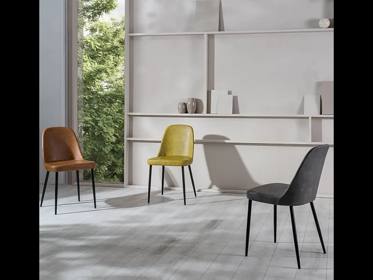 Juego de 4 sillas de comedor modernas "Damascus" en gris claro tapizadas en piel sintética suave al tacto.