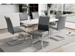 Juego de 6 sillas de comedor modernas, respaldo de piel sintética y lino, trona tapizada, diseño de rayas cruzadas, color gris (42 x 45 x 83,7 cm)
