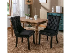 Juego de 2 sillas de comedor - Sillas con respaldo acolchado, patas de madera y ribete de tachuelas - terciopelo negro
