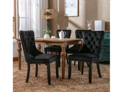 Juego de 2 sillas de comedor - Sillas con respaldo acolchado, patas de madera y ribete de tachuelas - terciopelo negro