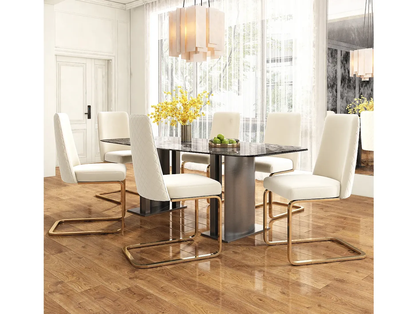 Juego de 4 sillas de comedor de terciopelo, diseño de lujo, respaldo de diamante, patas de metal dorado, beige (47 x 47 x 90 cm)