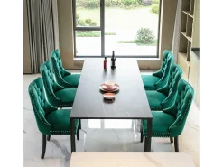 Juego de 2 sillas de comedor - Sillas con respaldo acolchado, patas de madera y ribete de tachuelas - terciopelo verde