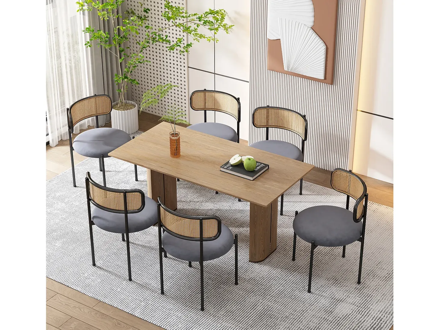 Juego de 4 sillas de comedor de terciopelo y ratán con patas de metal - Gris