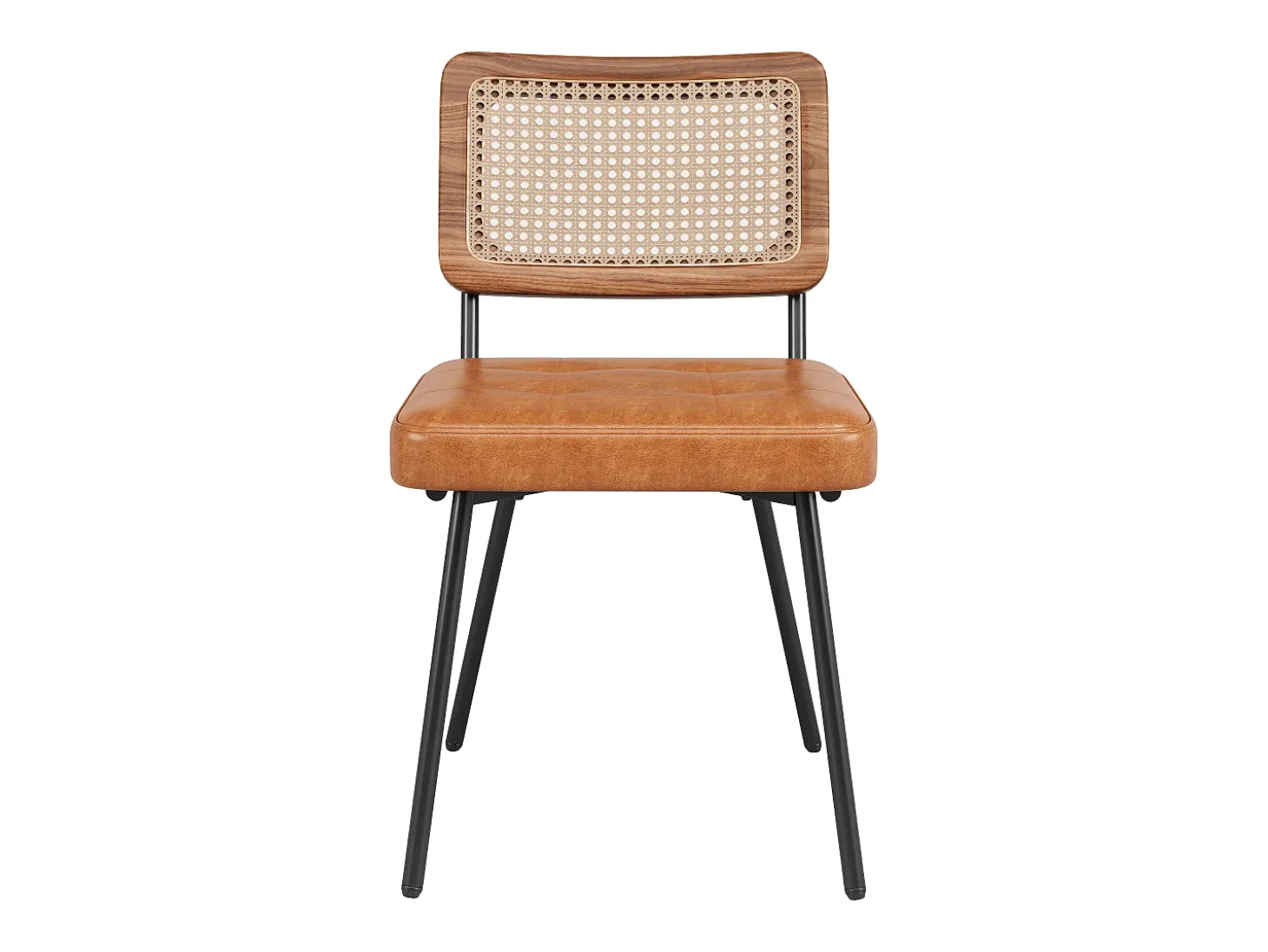 Juego de 2 sillas de comedor acolchadas - en cuero ecológico y ratán - estructura de metal - estilo retro - marrón