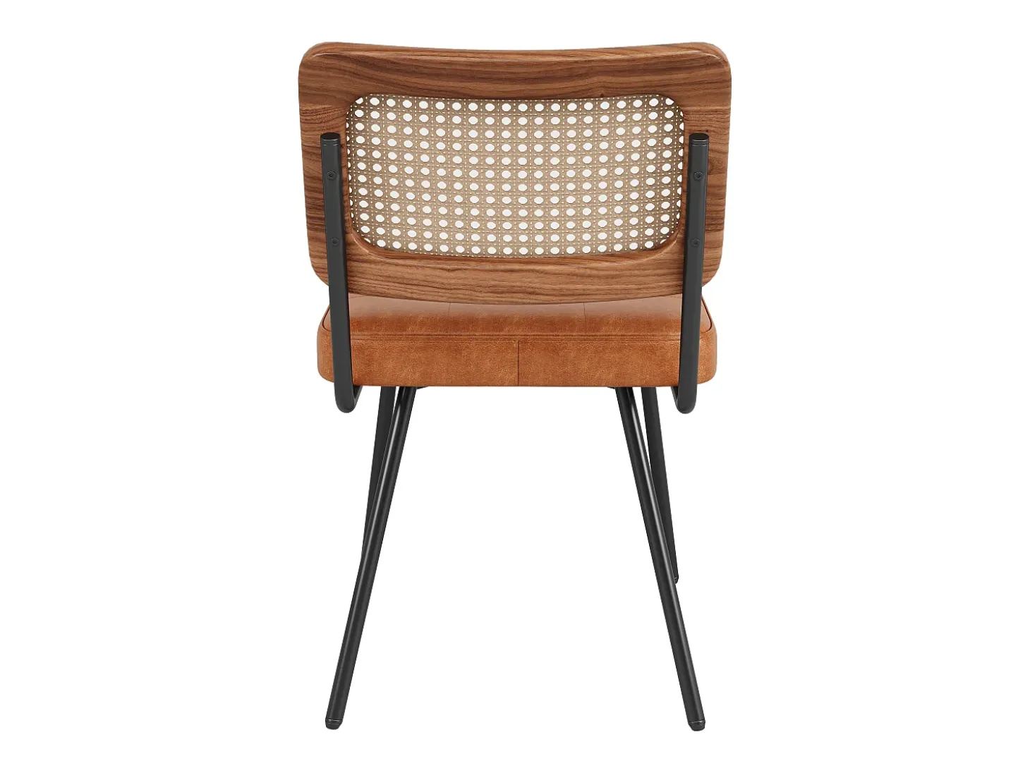 Juego de 2 sillas de comedor acolchadas - en cuero ecológico y ratán - estructura de metal - estilo retro - marrón