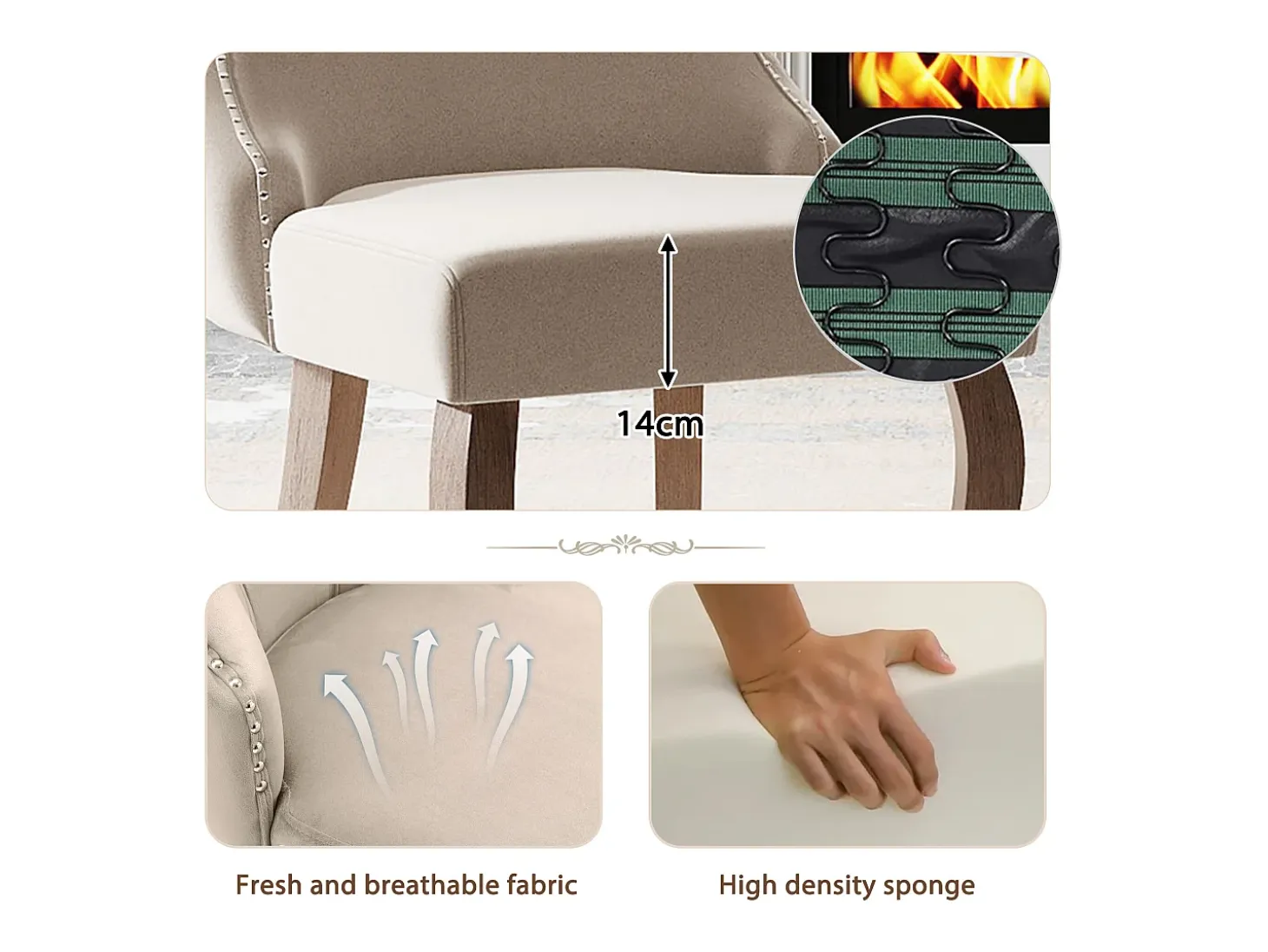 Juego de 2 sillas de comedor - Terciopelo y madera maciza - Respaldo alto con motivo de rombos - Beige