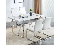 Juego de 4 sillas de comedor modernas con respaldo alto y patas tapizadas, respaldo de rayas cruzadas para comedor, cocina y oficina, color blanco