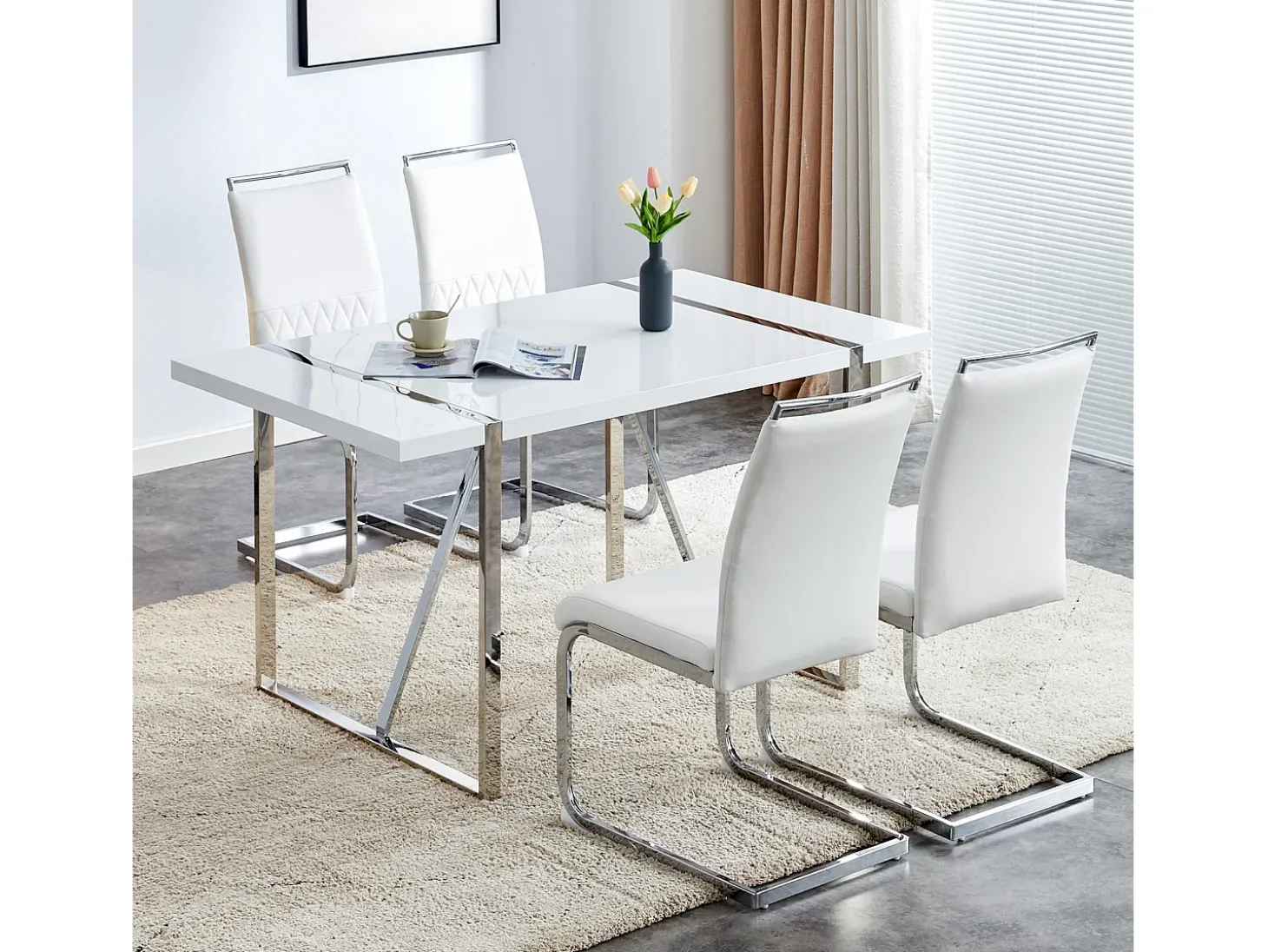 Juego de 4 sillas de comedor modernas con respaldo alto y patas tapizadas, respaldo de rayas cruzadas para comedor, cocina y oficina, color blanco