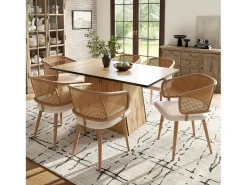 Juego de 2 sillas de comedor con respaldo de ratán y cojín de asiento de piel sintética, cómodas y transpirables.
