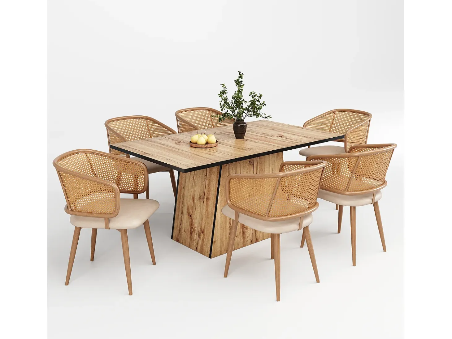 Juego de 2 sillas de comedor con respaldo de ratán y cojín de asiento de piel sintética, cómodas y transpirables.