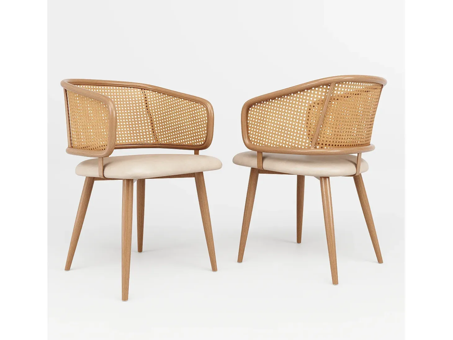 Juego de 2 sillas de comedor con respaldo de ratán y cojín de asiento de piel sintética, cómodas y transpirables.