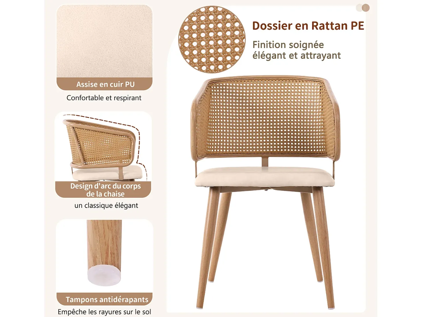 Juego de 2 sillas de comedor con respaldo de ratán y cojín de asiento de piel sintética, cómodas y transpirables.