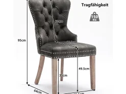 Juego de 4 sillas de comedor, silla decorativa tapizada en terciopelo con ribete de tachuelas y patas de madera maciza, color gris.