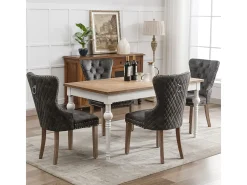 Juego de 4 sillas de comedor, silla decorativa tapizada en terciopelo con ribete de tachuelas y patas de madera maciza, color gris.