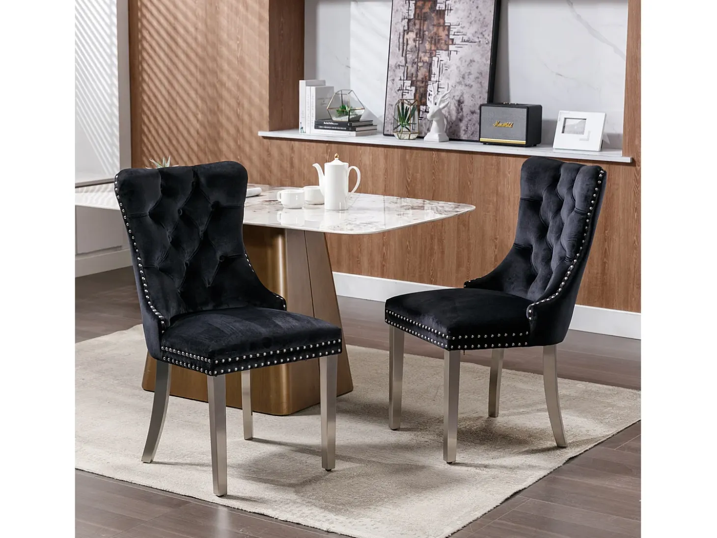 Juego de 2 sillas de comedor en terciopelo negro con respaldo acolchado y patas de metal plateado