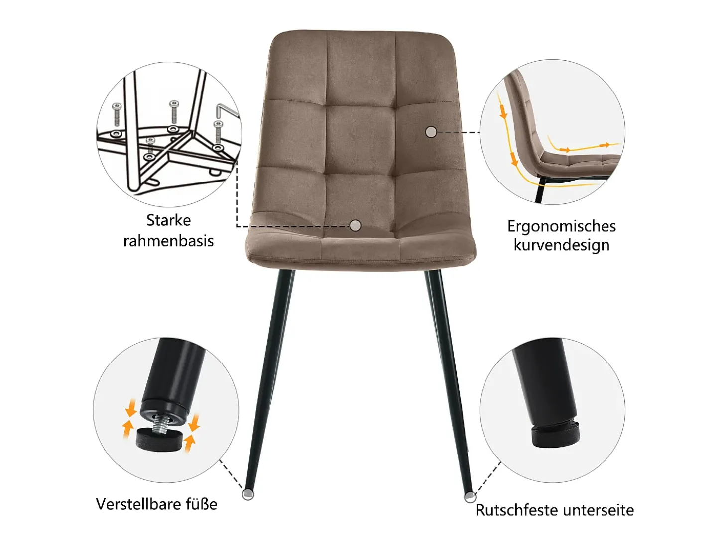 Juego de 4 sillas de comedor, color marrón, diseño de silla tapizada con respaldo, terciopelo, estructura de metal.