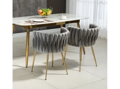 Juego de 2 sillas de comedor con respaldo trenzado y patas de metal dorado - terciopelo gris