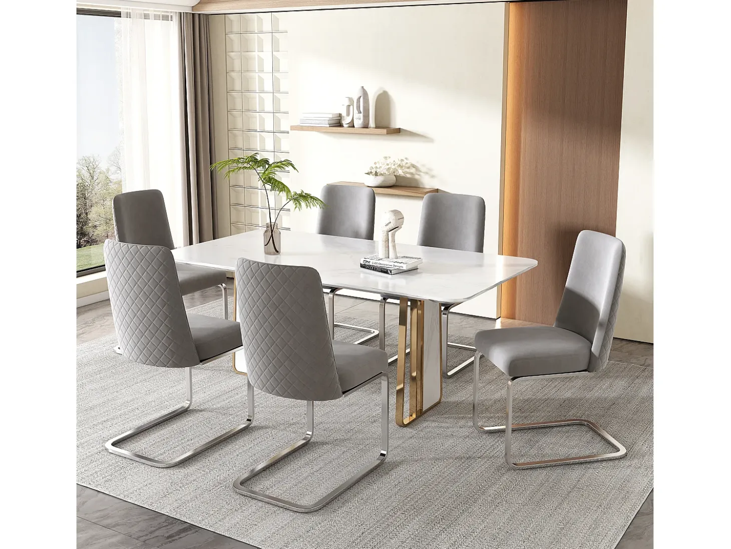 Juego de 4 sillas de comedor de terciopelo con diseño de rombos, metal plateado, gris (47 x 63 x 85 cm)