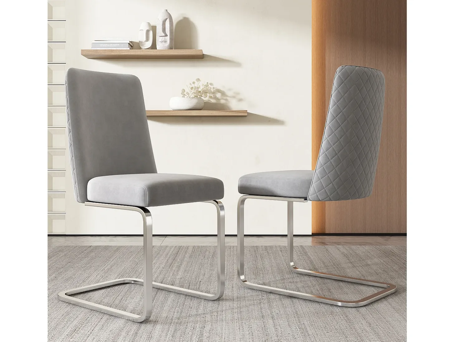 Juego de 4 sillas de comedor de terciopelo con diseño de rombos, metal plateado, gris (47 x 63 x 85 cm)
