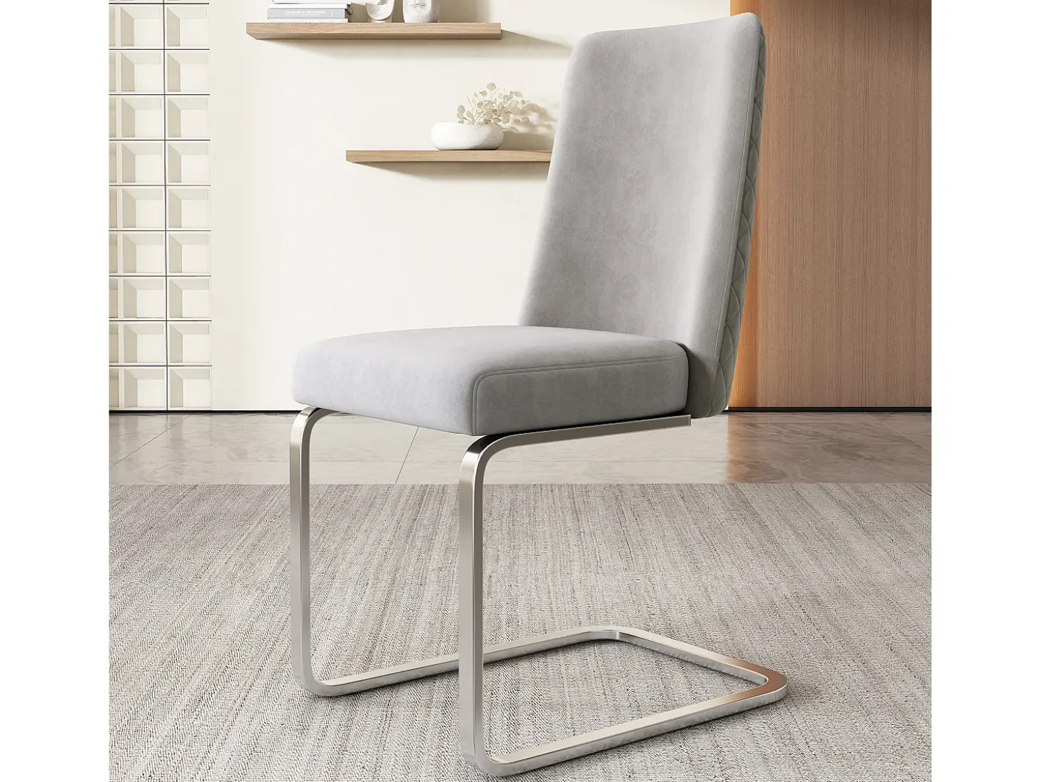 Juego de 4 sillas de comedor de terciopelo con diseño de rombos, metal plateado, gris (47 x 63 x 85 cm)