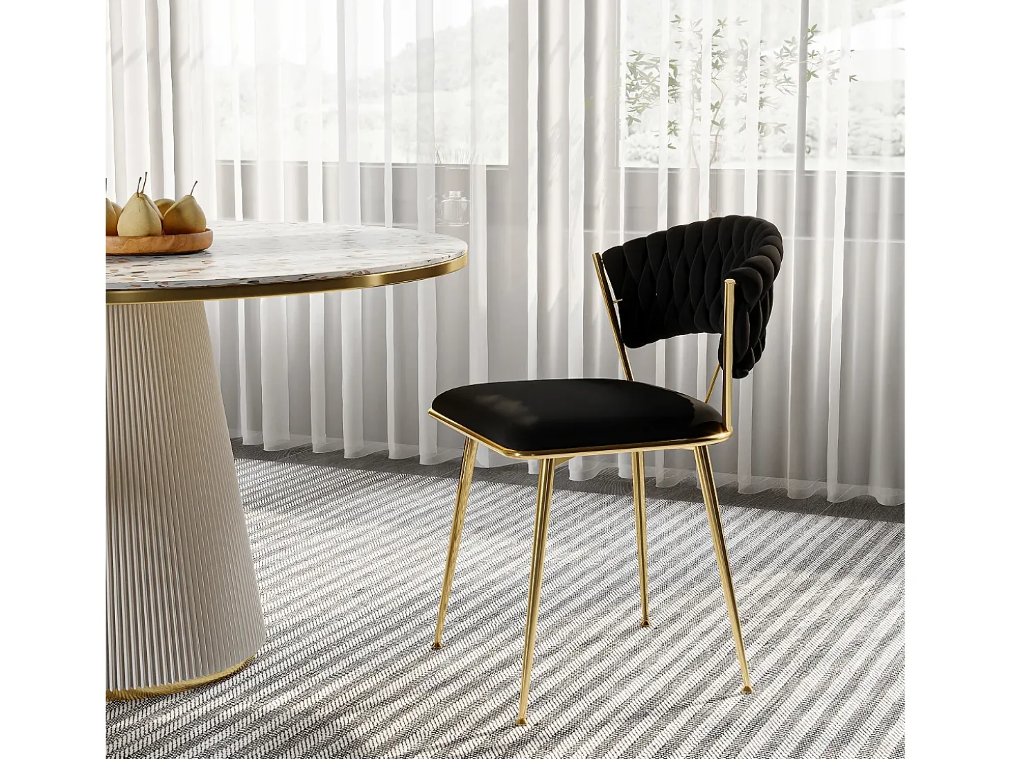 Juego de 2 sillas de comedor - sillones con respaldo redondeado y estructura de metal - terciopelo - negro