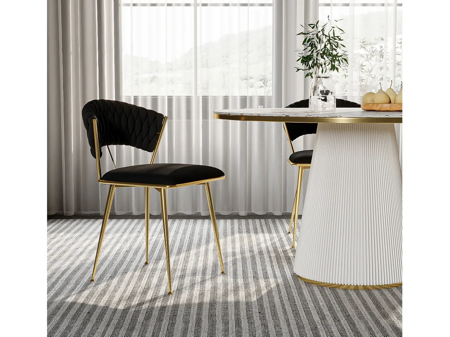 Juego de 2 sillas de comedor - sillones con respaldo redondeado y estructura de metal - terciopelo - negro