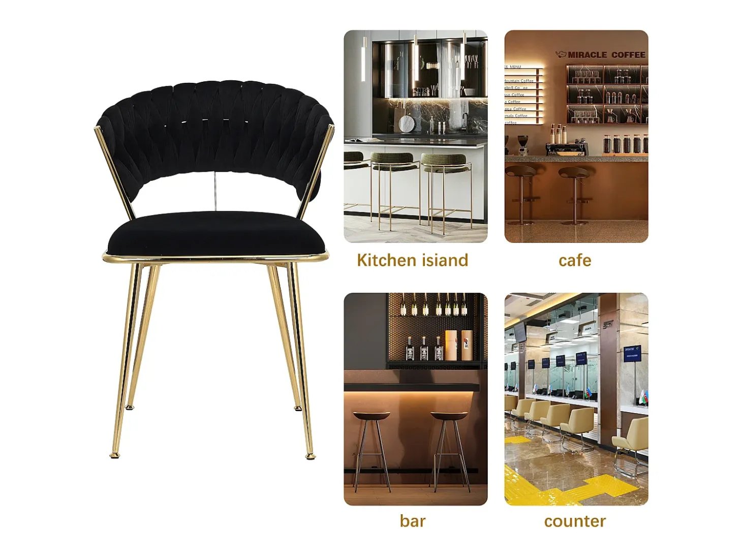 Juego de 2 sillas de comedor - sillones con respaldo redondeado y estructura de metal - terciopelo - negro