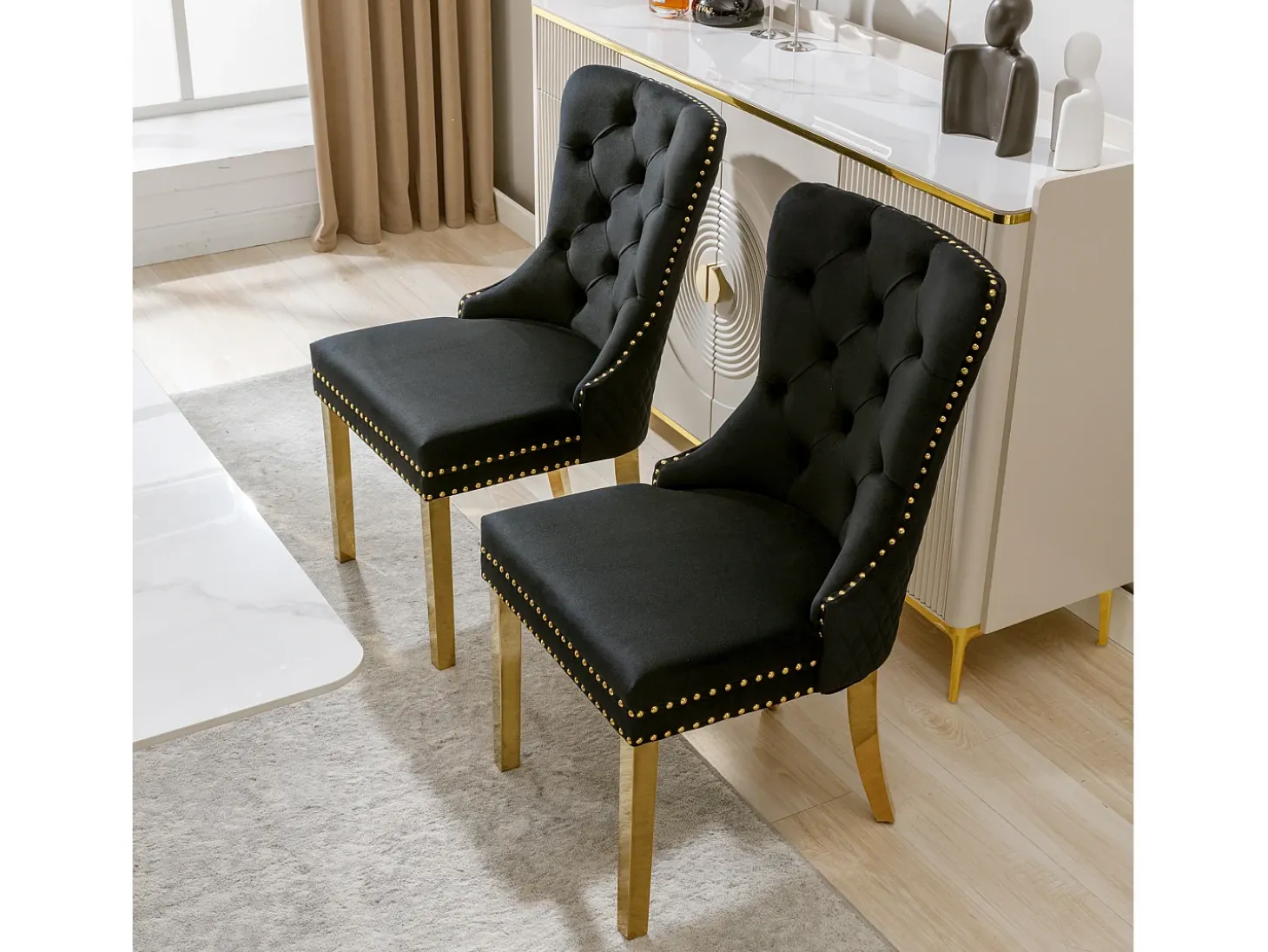 Juego de 2 sillas de comedor - terciopelo negro - Silla tapizada con ribete tachonado y patas de metal dorado