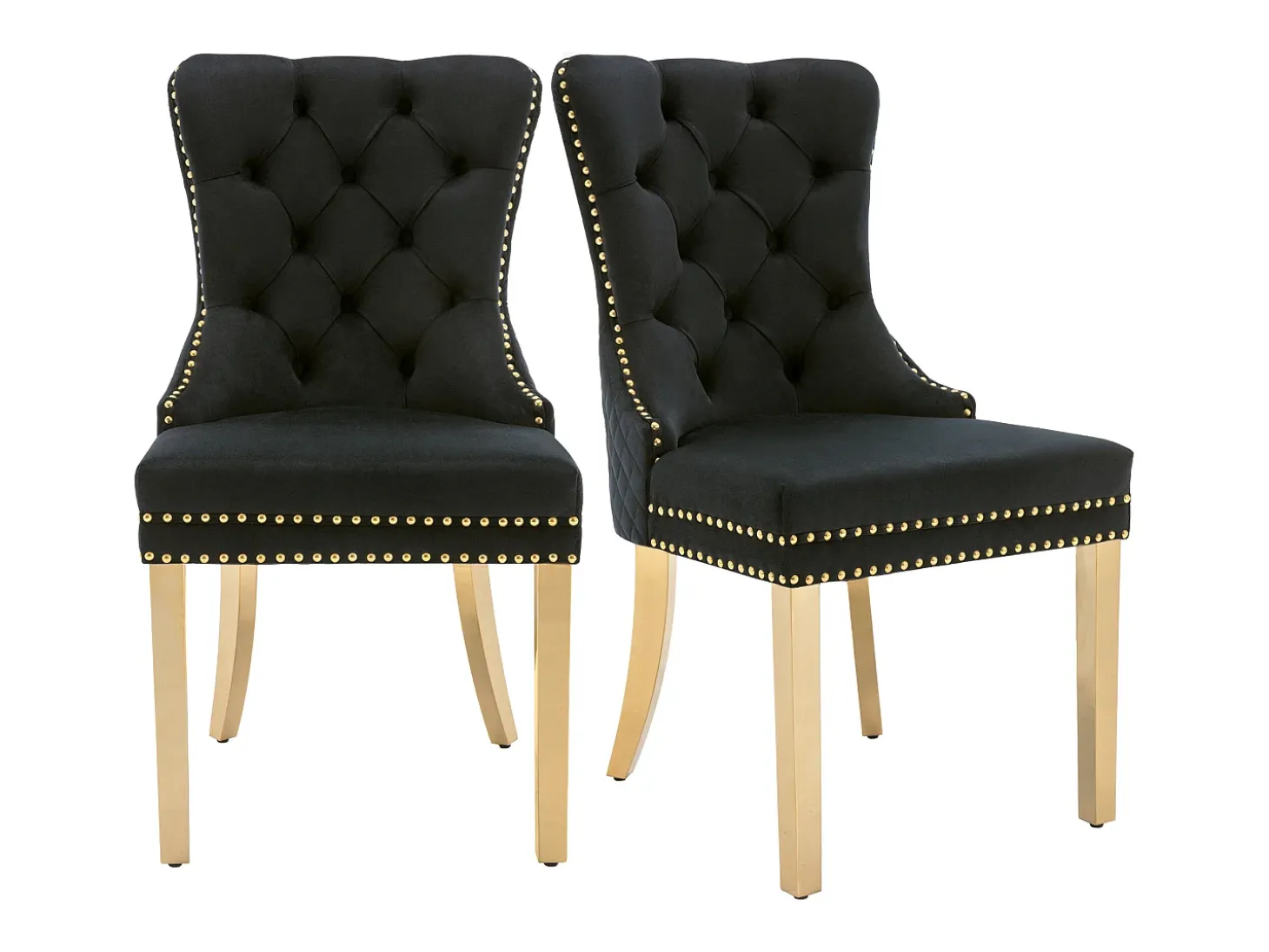 Juego de 2 sillas de comedor - terciopelo negro - Silla tapizada con ribete tachonado y patas de metal dorado
