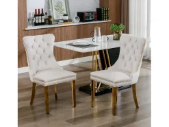 Juego de 2 sillas de comedor - Sillas con respaldo acolchado y patas de acero inoxidable dorado - con ribete tachonado - terciopelo beige