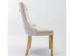 Juego de 2 sillas de comedor - Sillas con respaldo acolchado y patas de acero inoxidable dorado - con ribete tachonado - terciopelo beige