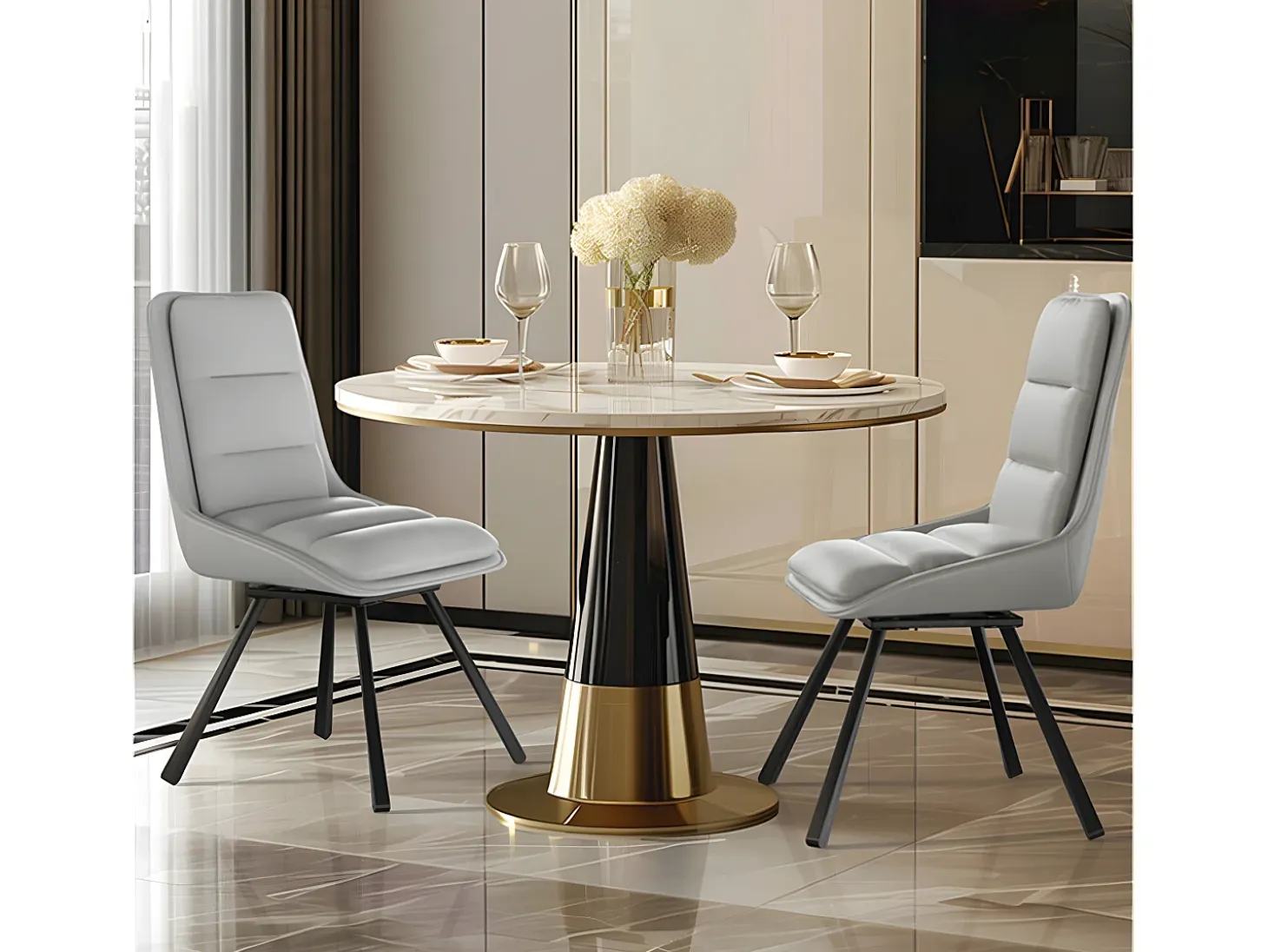 Juego de 2 sillas de comedor FATIVO - Sillón de oficina giratorio en cuero - Silla de salón escandinava acolchada - Gris
