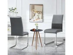 Juego de 6 sillas de comedor modernas, respaldo de piel sintética y lino, respaldo alto tapizado, diseño de rayas horizontales, color gris.