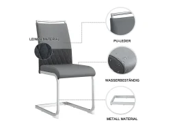 Juego de 6 sillas de comedor modernas, respaldo de piel sintética y lino, respaldo alto tapizado, diseño de rayas horizontales, color gris.