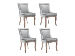 Juego de 4 sillas de comedor, tapizadas con ribete de tachuelas, patas de madera maciza, funda de terciopelo, color gris.