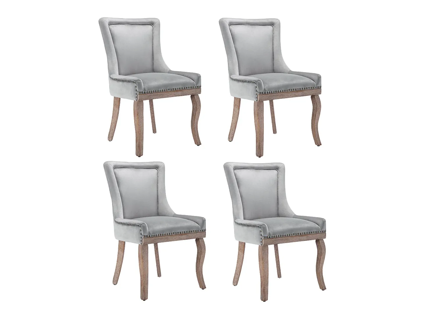 Juego de 4 sillas de comedor, tapizadas con ribete de tachuelas, patas de madera maciza, funda de terciopelo, color gris.