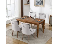 Juego de 4 sillas de comedor, tapizadas con ribete de tachuelas, patas de madera maciza, funda de terciopelo, color gris.