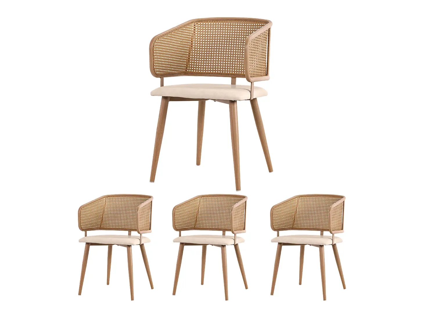 Juego de 4 sillas de comedor con respaldo de ratán y cojines de poliuretano, diseño moderno, metal, beige (47 x 51 x 79 cm)