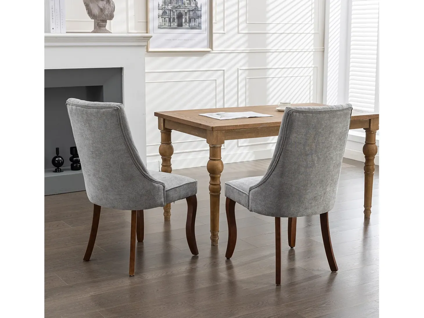Juego de 2 sillas de comedor - Sillas con patas curvas de madera maciza y respaldo tapizado - chenilla gris