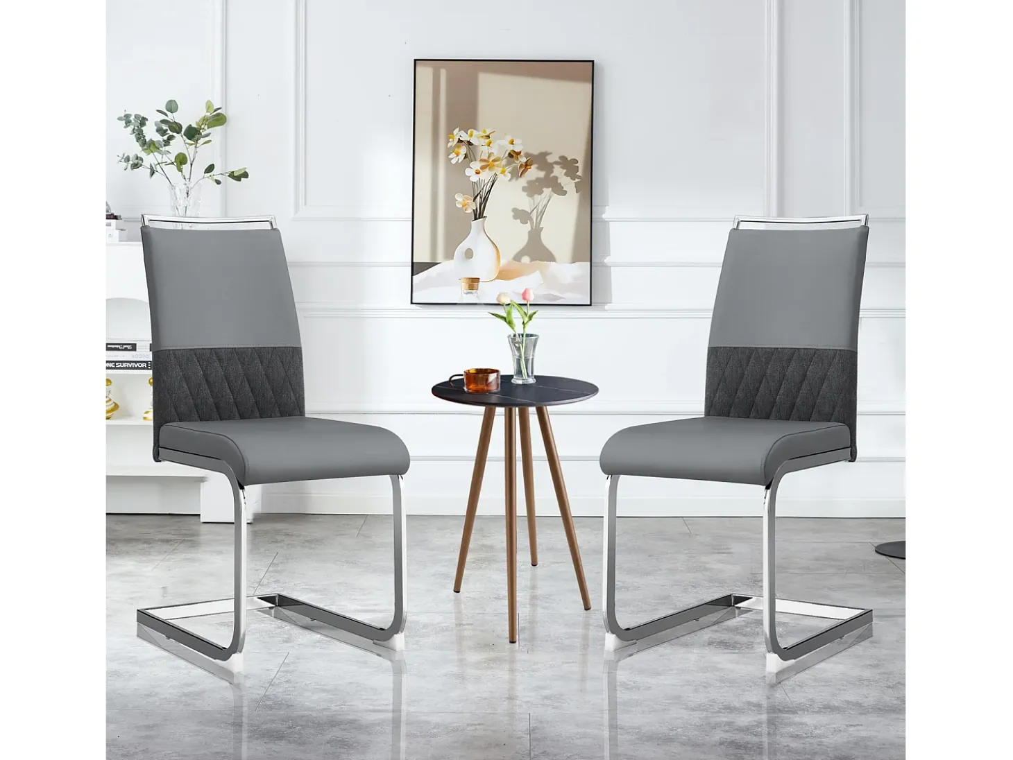 Juego de 4 sillas de comedor modernas con respaldo alto y patas tapizadas, respaldo de rayas cruzadas para comedor, cocina y oficina, color gris
