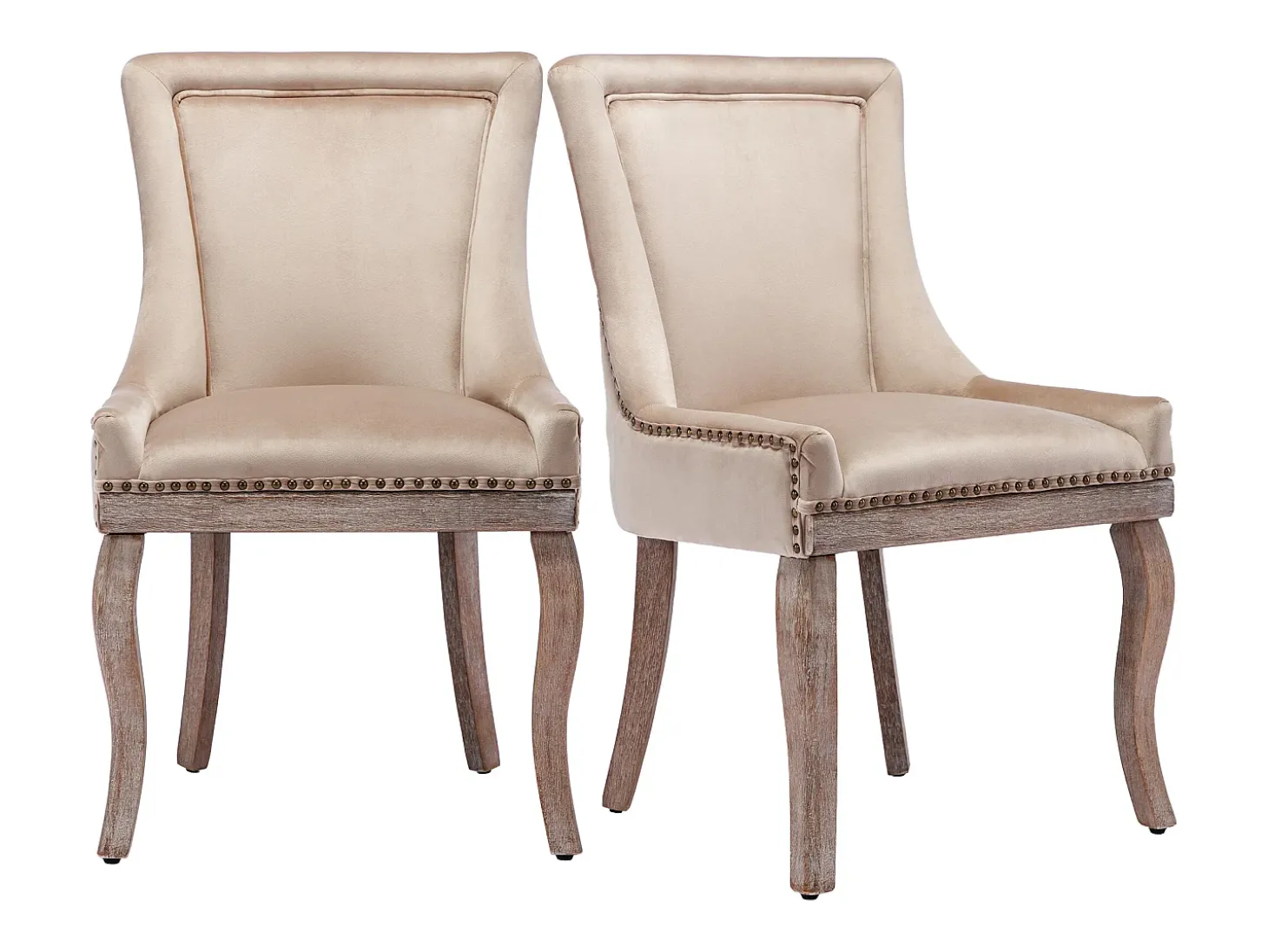 Juego de 4 sillas de comedor - asientos tapizados adornados con tachuelas decorativas y patas de madera maciza - terciopelo beige
