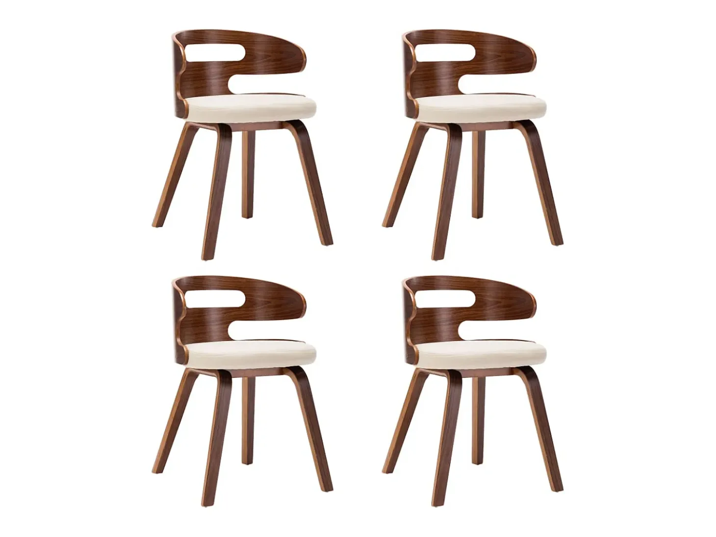 Juego de 4 sillas de comedor de madera curvada color crema y piel sintética.