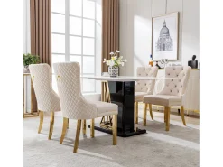 Juego de 4 sillas de comedor - Silla tapizada con tachuelas decorativas y patas de metal dorado - terciopelo beige