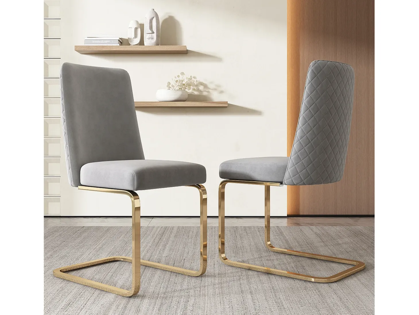 Juego de 6 sillas de comedor de terciopelo, diseño de lujo, respaldo de diamante, patas de metal dorado, gris (47 x 47 x 90 cm)