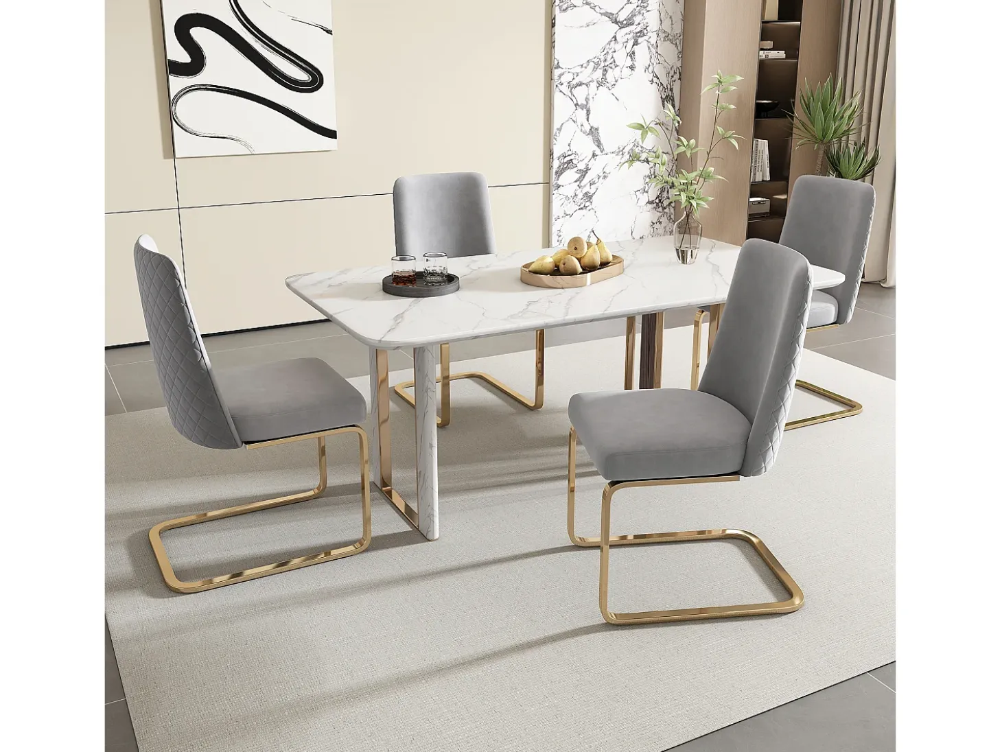 Juego de 6 sillas de comedor de terciopelo, diseño de lujo, respaldo de diamante, patas de metal dorado, gris (47 x 47 x 90 cm)