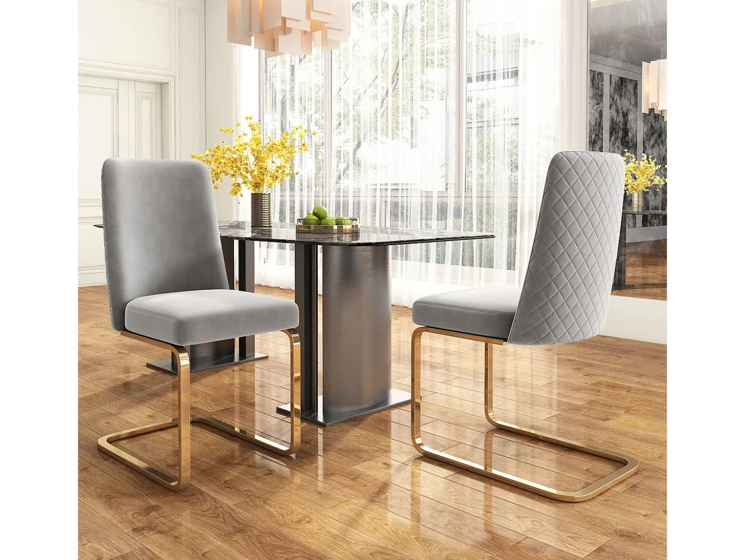 Juego de 6 sillas de comedor de terciopelo, diseño de lujo, respaldo de diamante, patas de metal dorado, gris (47 x 47 x 90 cm)