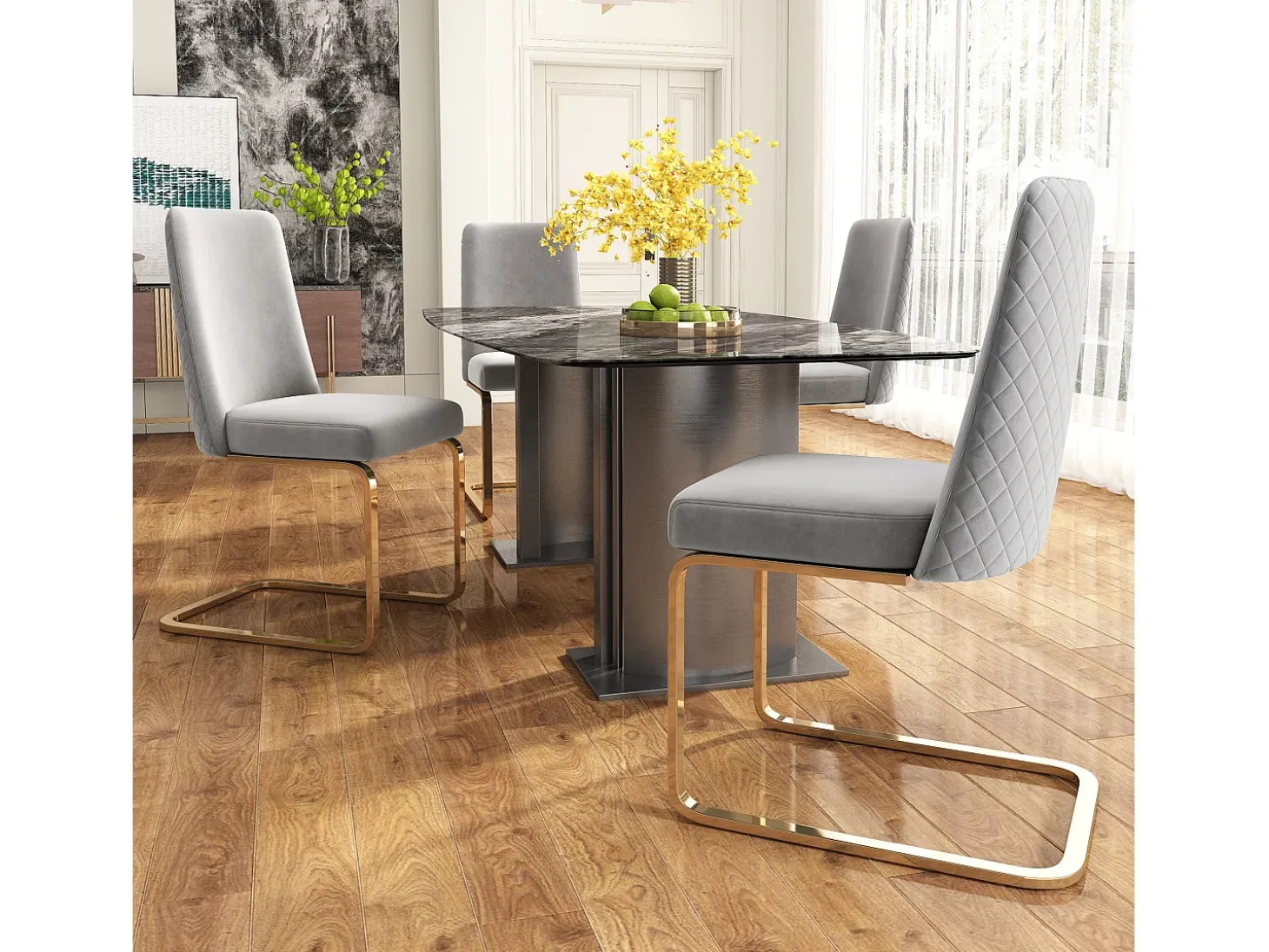 Juego de 6 sillas de comedor de terciopelo, diseño de lujo, respaldo de diamante, patas de metal dorado, gris (47 x 47 x 90 cm)