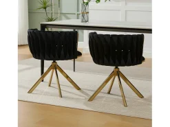 Juego de 2 sillas de comedor de terciopelo negro con función giratoria y patas de metal dorado