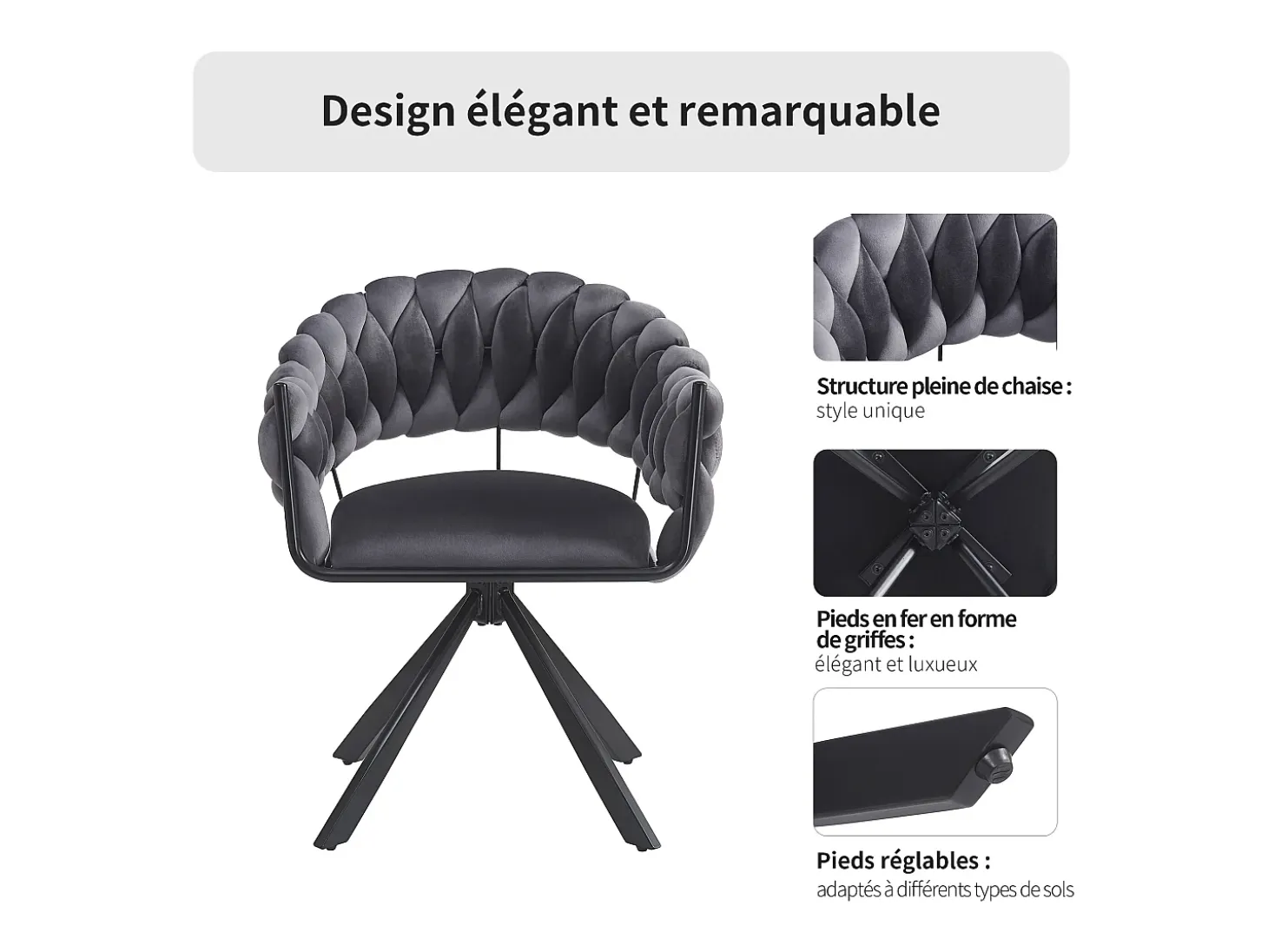 Juego de 6 sillas de comedor - 64 x 54 x 77 cm - Silla de tocador - Patas de garra ajustables - Terciopelo - Gris